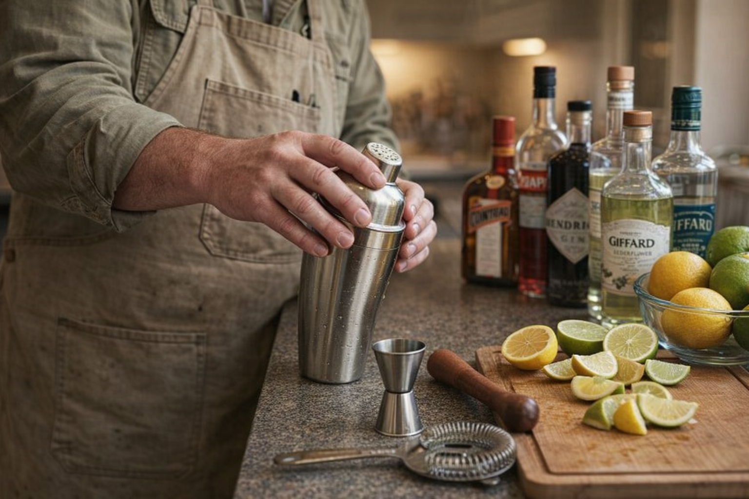 A well-organized bar setup with a shaker, jigger, strainer, muddler, various bottles of gin and liqueurs, and fresh citrus fruits, all arranged neatly on a bar counter
